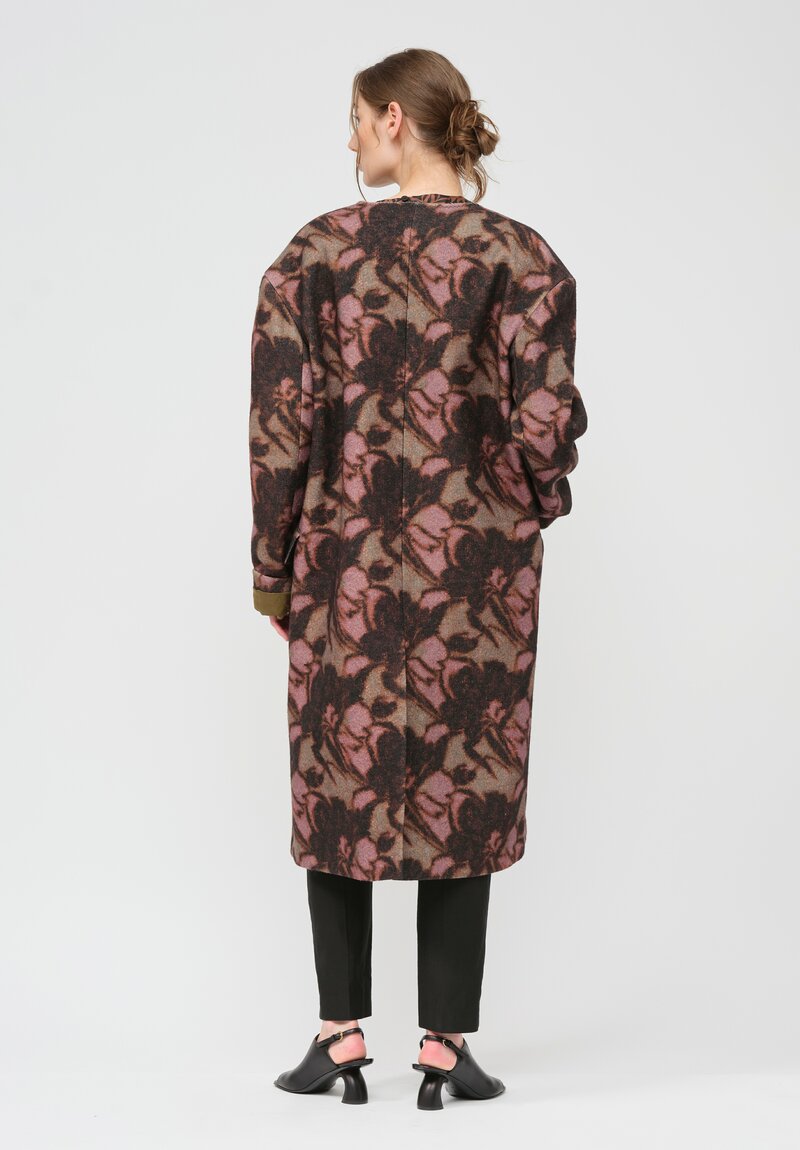 Dries Van Noten Thermal Abstract Floral Rivka Coat in Brown & Pink