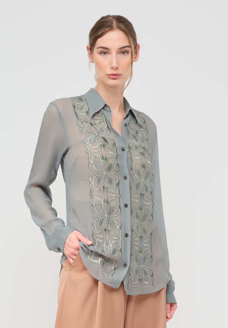 Dries Van Noten Silk Embellished Chowy Shirt in Mist Blue | Santa