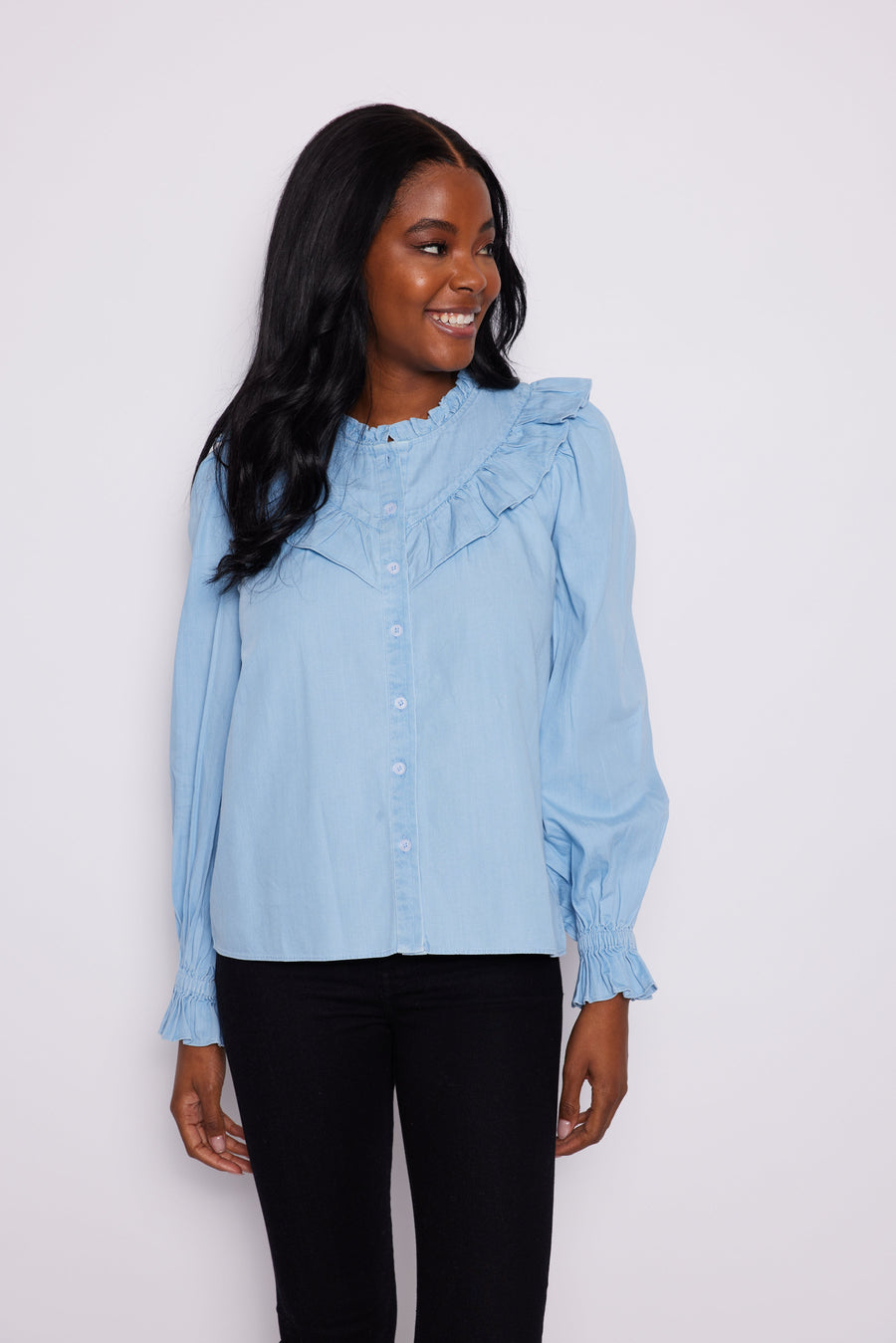 Light Chambray Long Sleeve Ruffle Bib Blouse – Sail to Sable