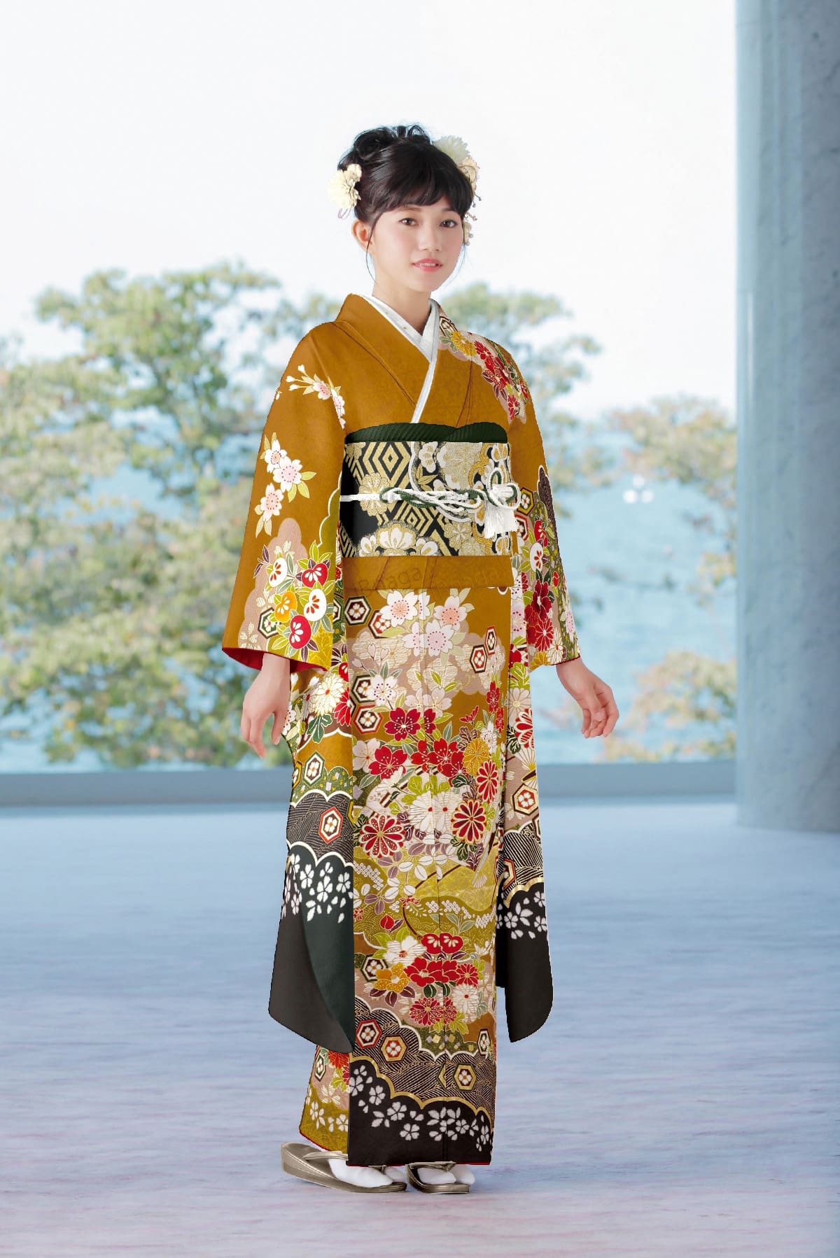 成人式振袖｜マスタード×黒の花柄金彩振袖で写真映えする晴れ姿