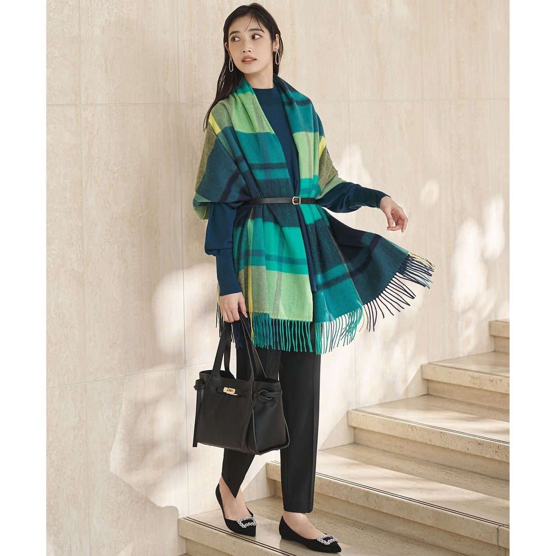 23区 カシミヤ チェック ストール （ブルー系） -ファッション通販