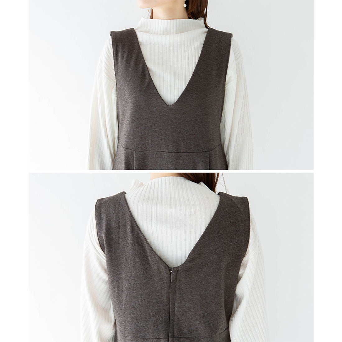 アットワン atONE 深Vネック フレアジャンパースカート （キャメル