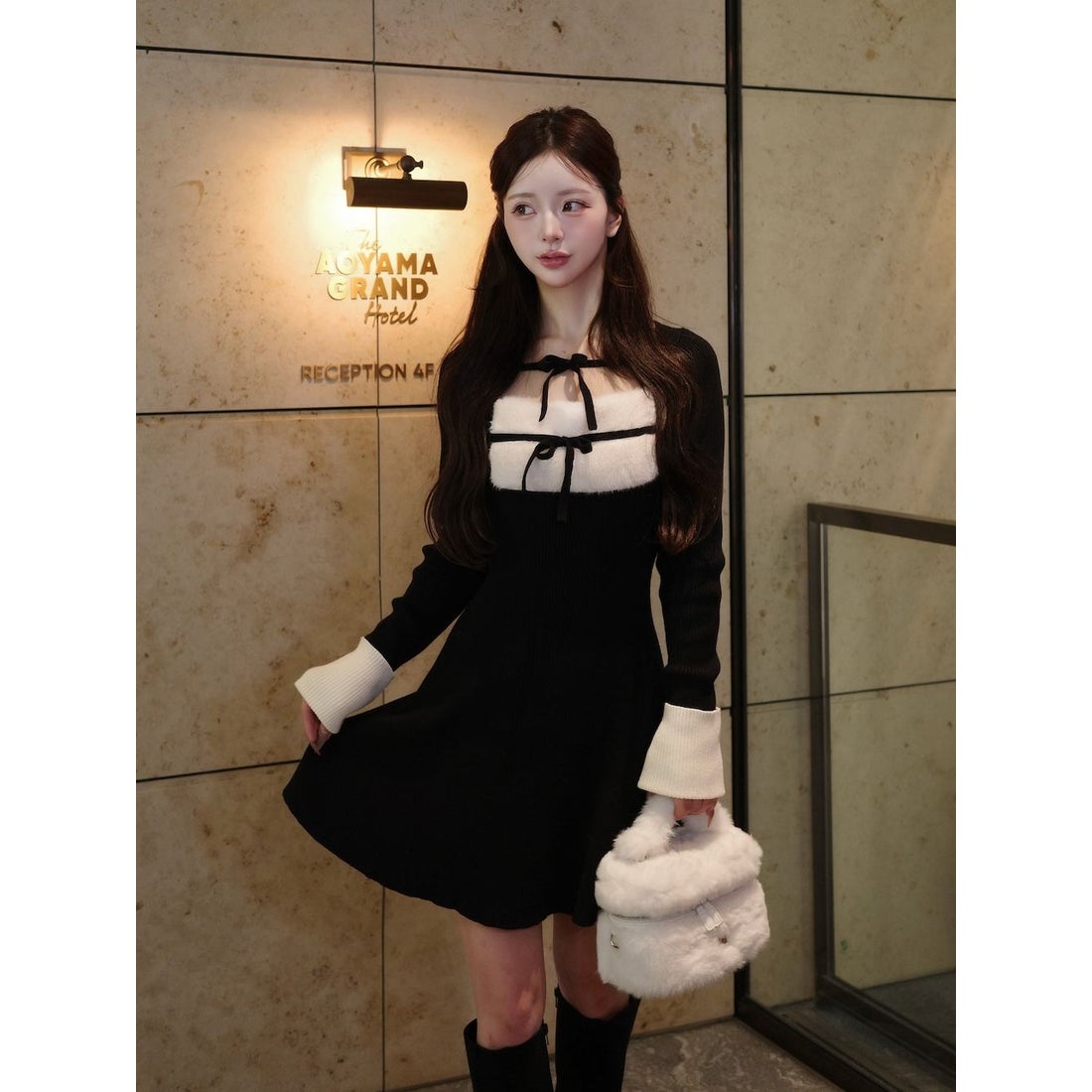 ダーリッチ Darich リボンファーフレアニットミニワンピース