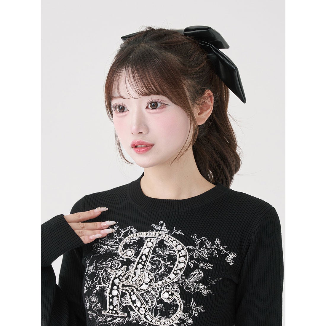 ダーリッチ Darich DRビジューフラワーリブニットトップス （ブラック
