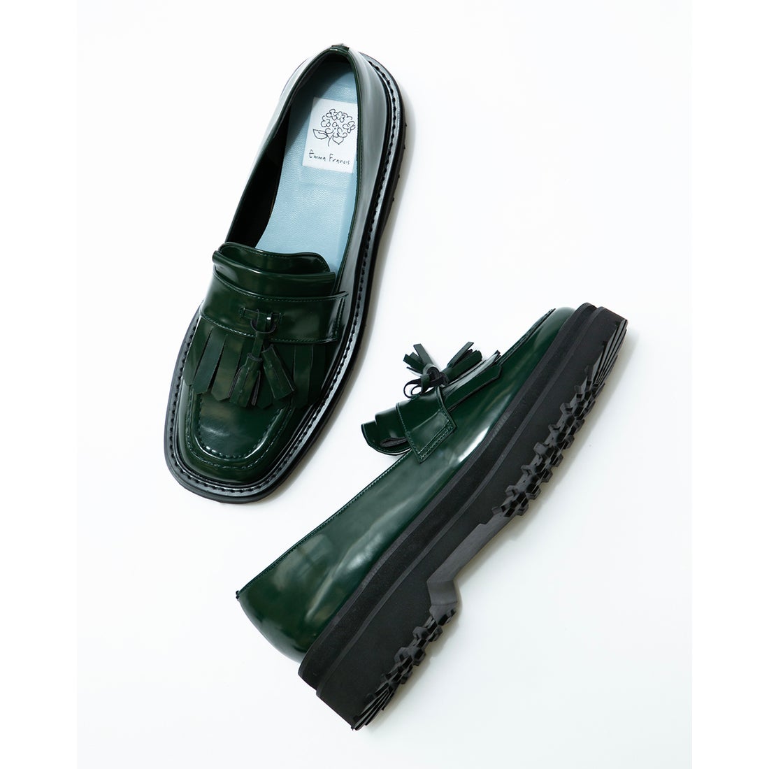 レイン対応】ボリュームソール フリンジ ローファー （カーキ エナメル