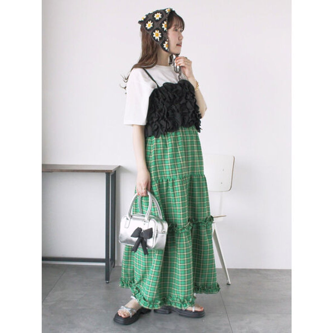 エヘカソポ ehka sopo チェックティアードスカート （グリーン