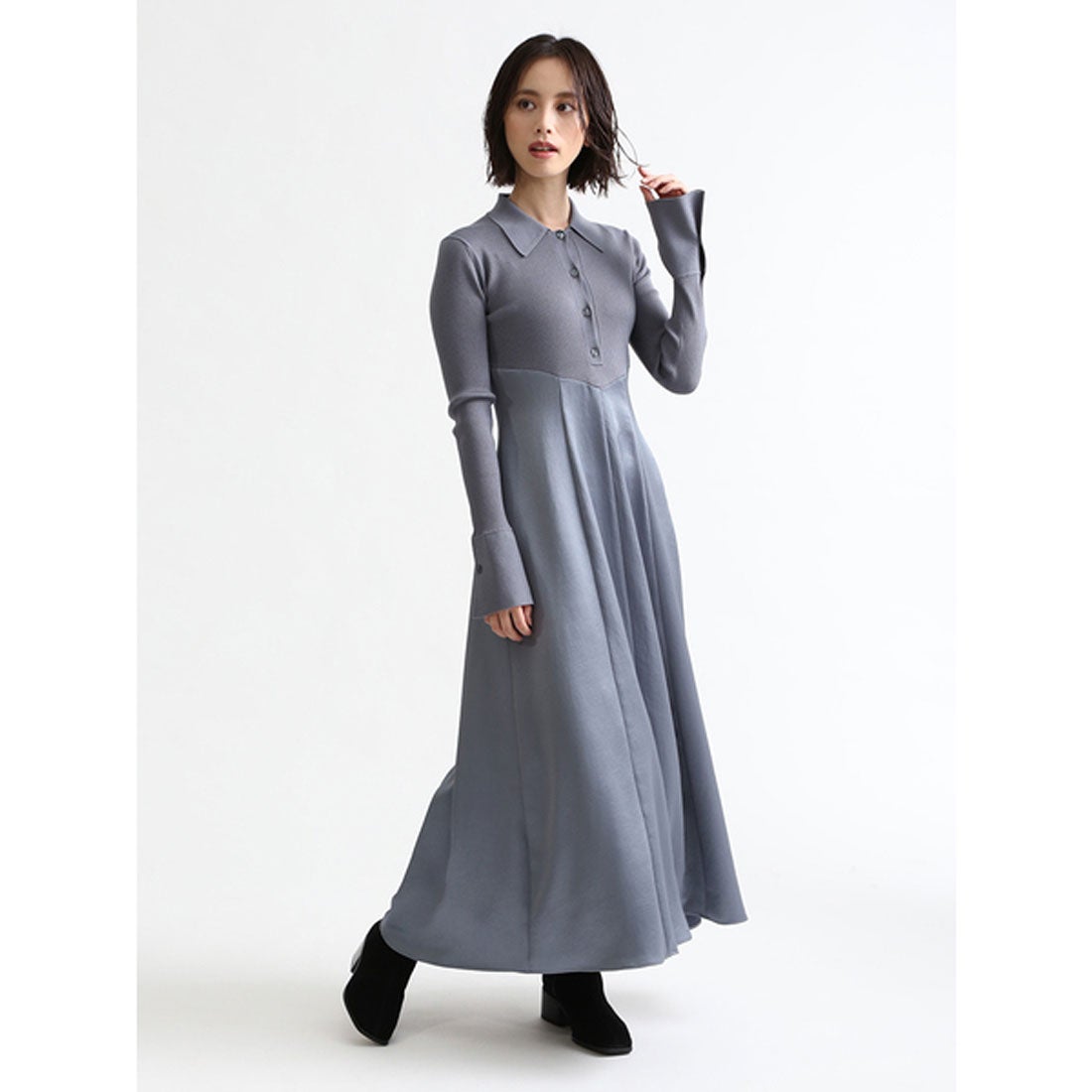 フレイ アイディー FRAY I.D ポロカラーニットコンビワンピ （グレー