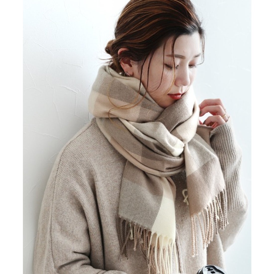 レカ reca チェック柄大判ストール（st35-W） （ベージュ×ブラウン#024