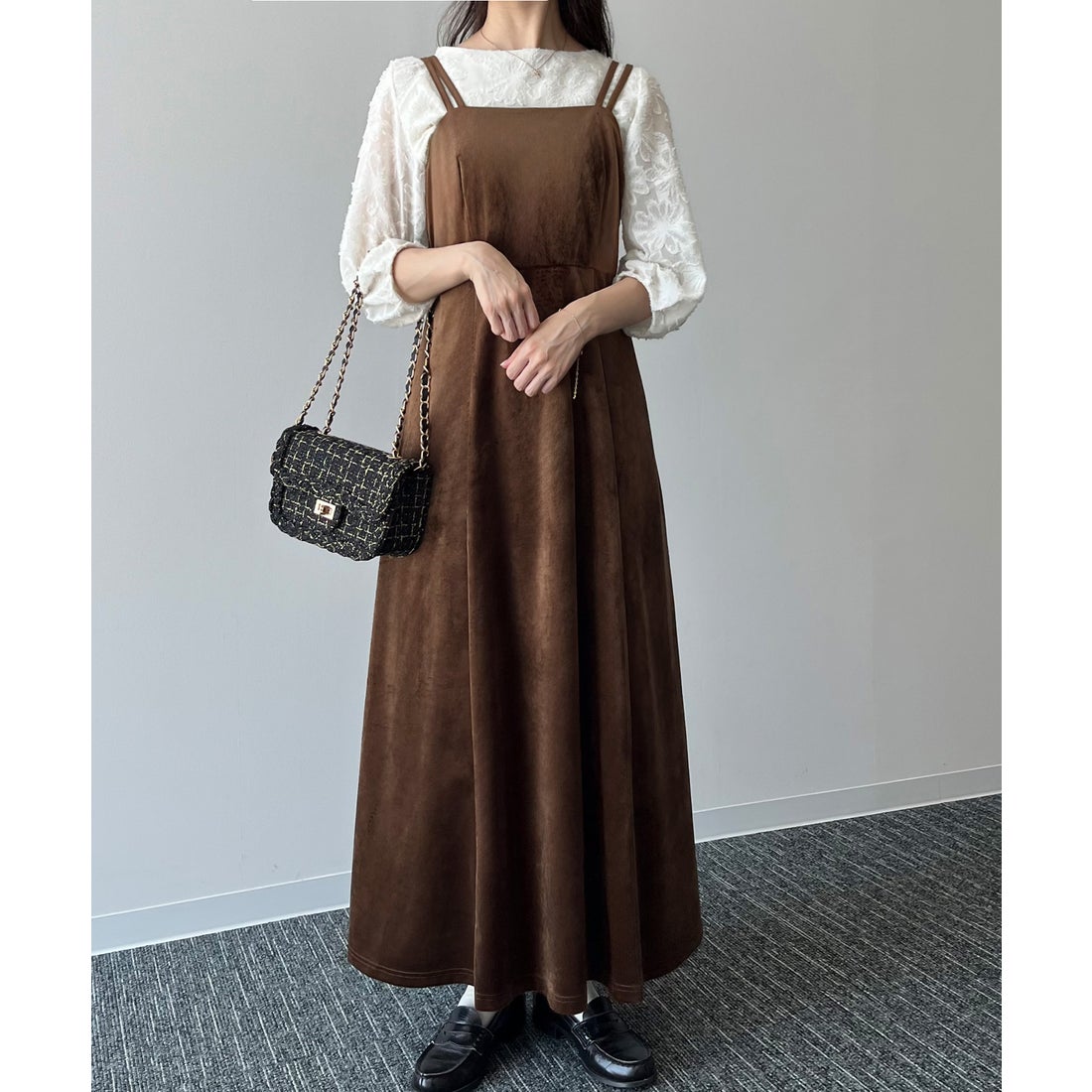 ジュノア JUNOAH べロアフレアキャミワンピース （ブラウン