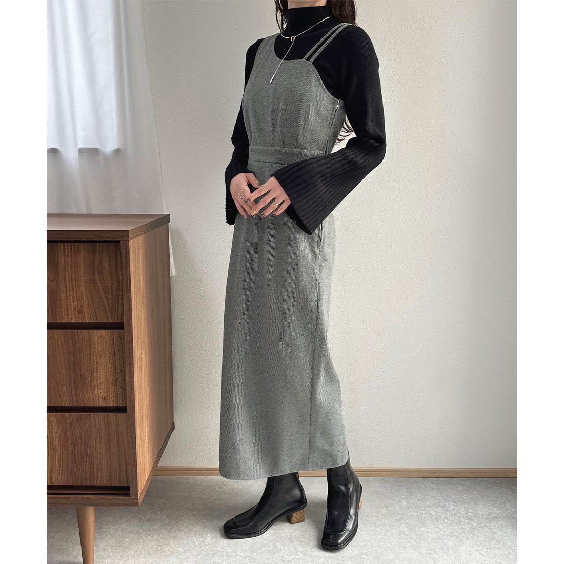 ジュノア JUNOAH アシメデザインヘリンボーンタイトキャミワンピース