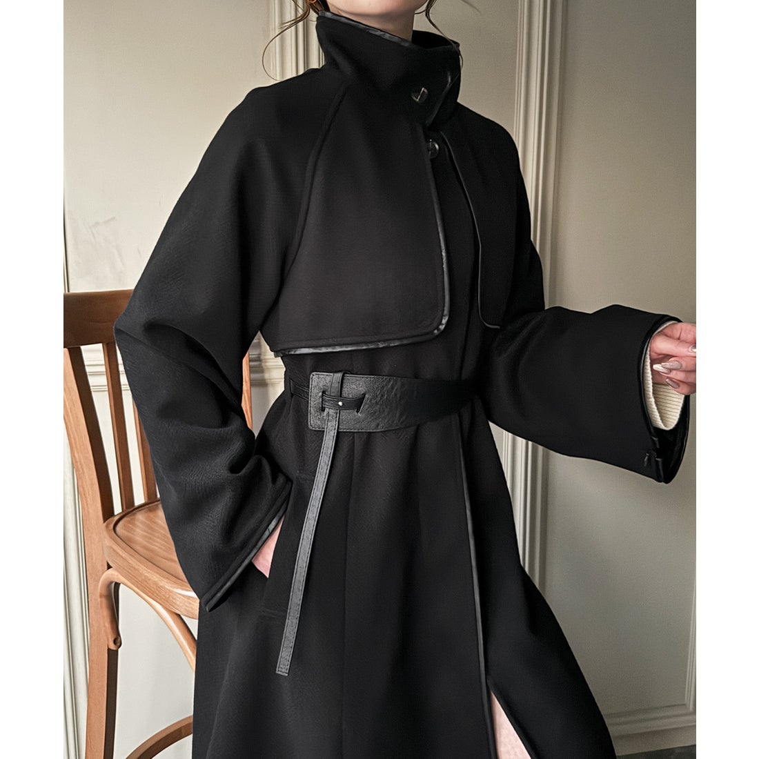 ジュノア JUNOAH PUレザーベルトスタンドカラーコート （ブラック