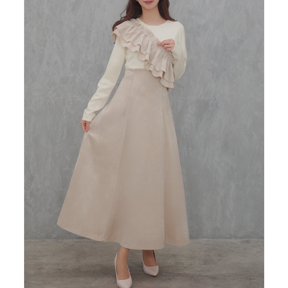 ジュノア JUNOAH サッシュ付きベロアドッキングニットワンピース