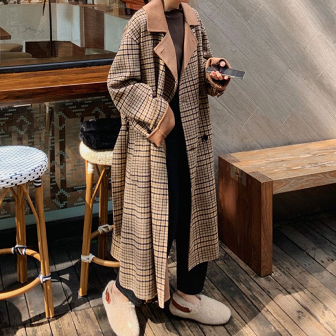 ジュノア JUNOAH スエードカラーチェックロングコート （ブラウン