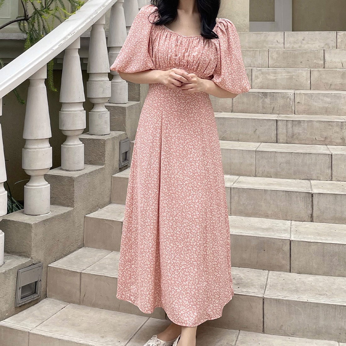 ジュノア JUNOAH 花柄ハイウエストフレアワンピース （ピンク