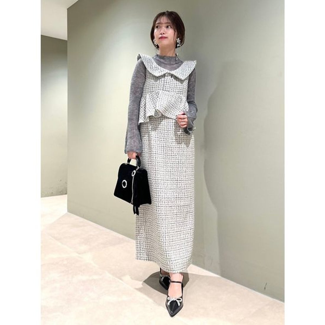 リリーブラウン LILY BROWN ツイードペプラムワンピース （WHT