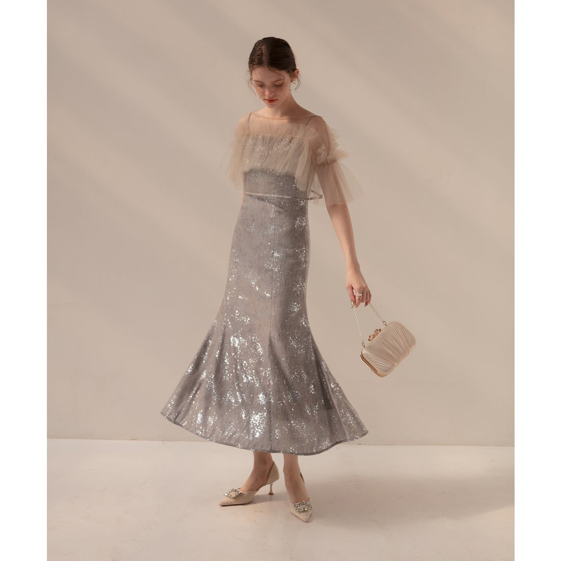 レジャ Leja チュールフリルボレロペイントマーメイドドレスワンピース