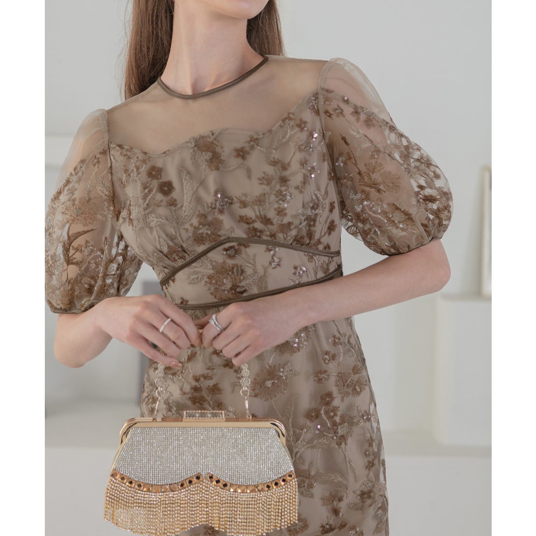 レジャ Leja フラワーディテールパフスリーブIラインワンピースドレス