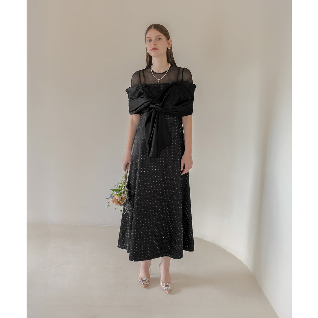 レジャ Leja 2WAYフロントリボンボレロストーンドット柄Aラインドレス