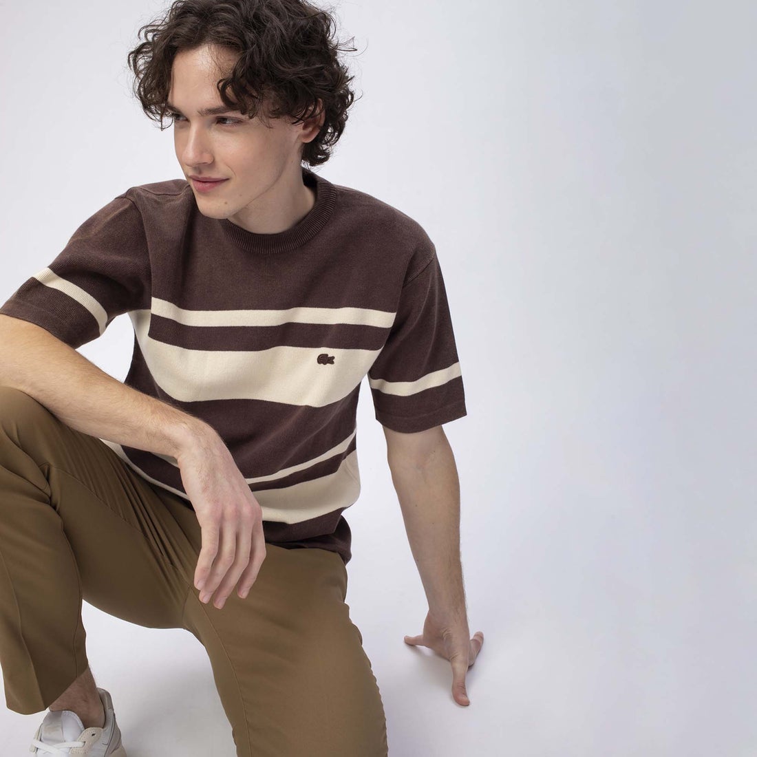 ラコステ LACOSTE ウォッシュドニットボーダーTシャツ （ブラウン