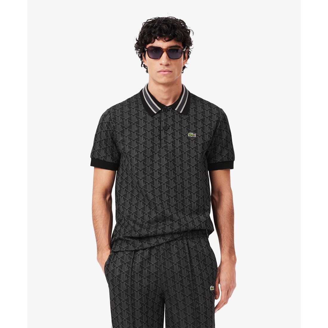 ラコステ LACOSTE モノグラムジャカード半袖ポロシャツ （ブラック