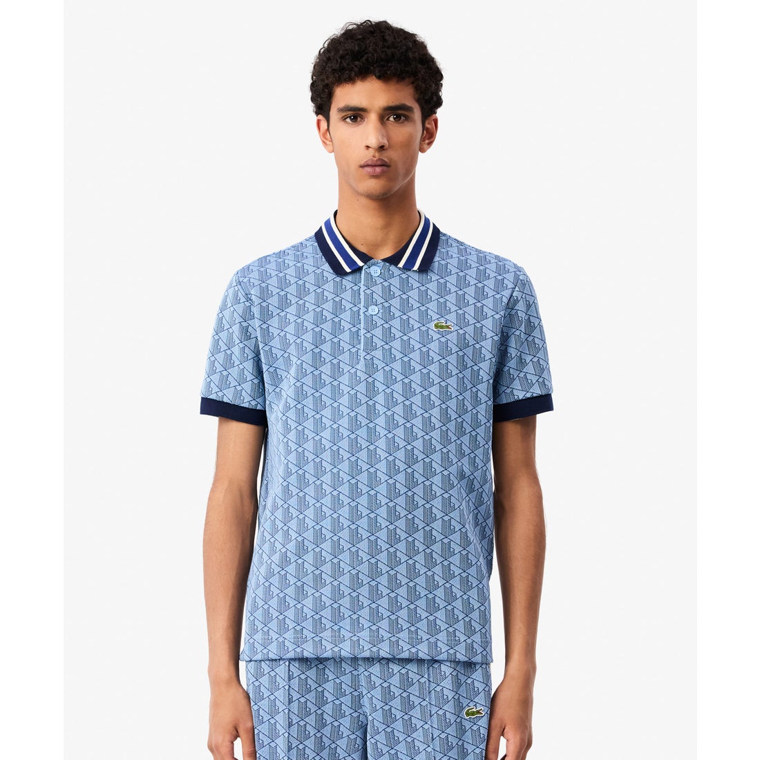ラコステ LACOSTE モノグラムジャカード半袖ポロシャツ （ブルー） -靴