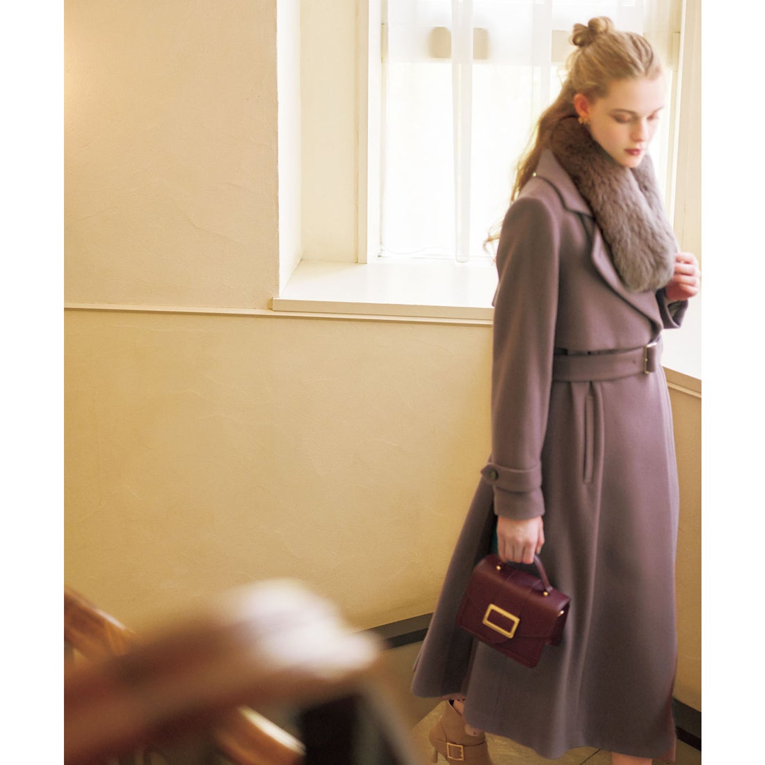 ノエラ NOELA 2WAYカラーバックプリーツウールトレンチコート （チャ