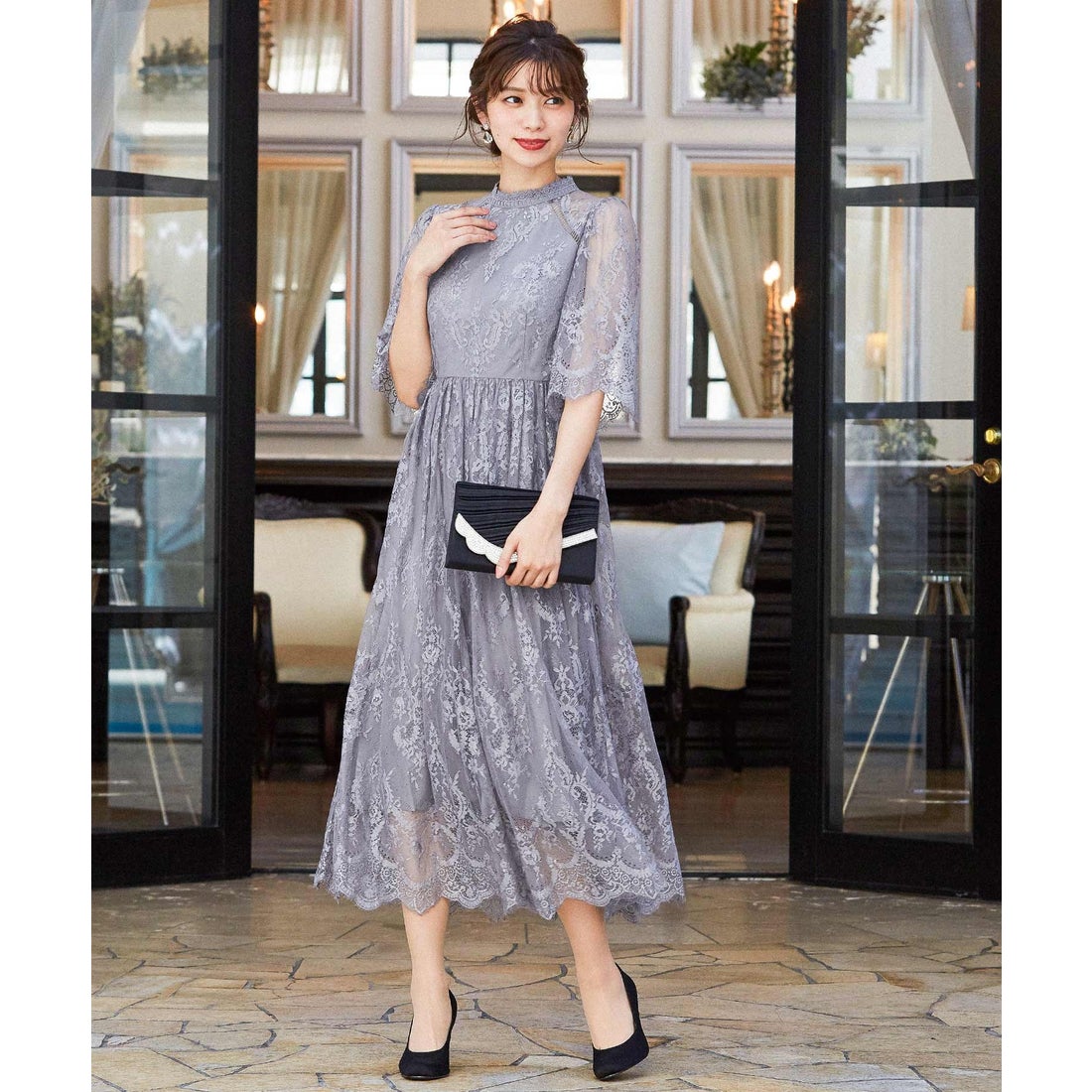 ニアナ niana ハイネック 総レース 5分袖 結婚式ワンピース パーティー