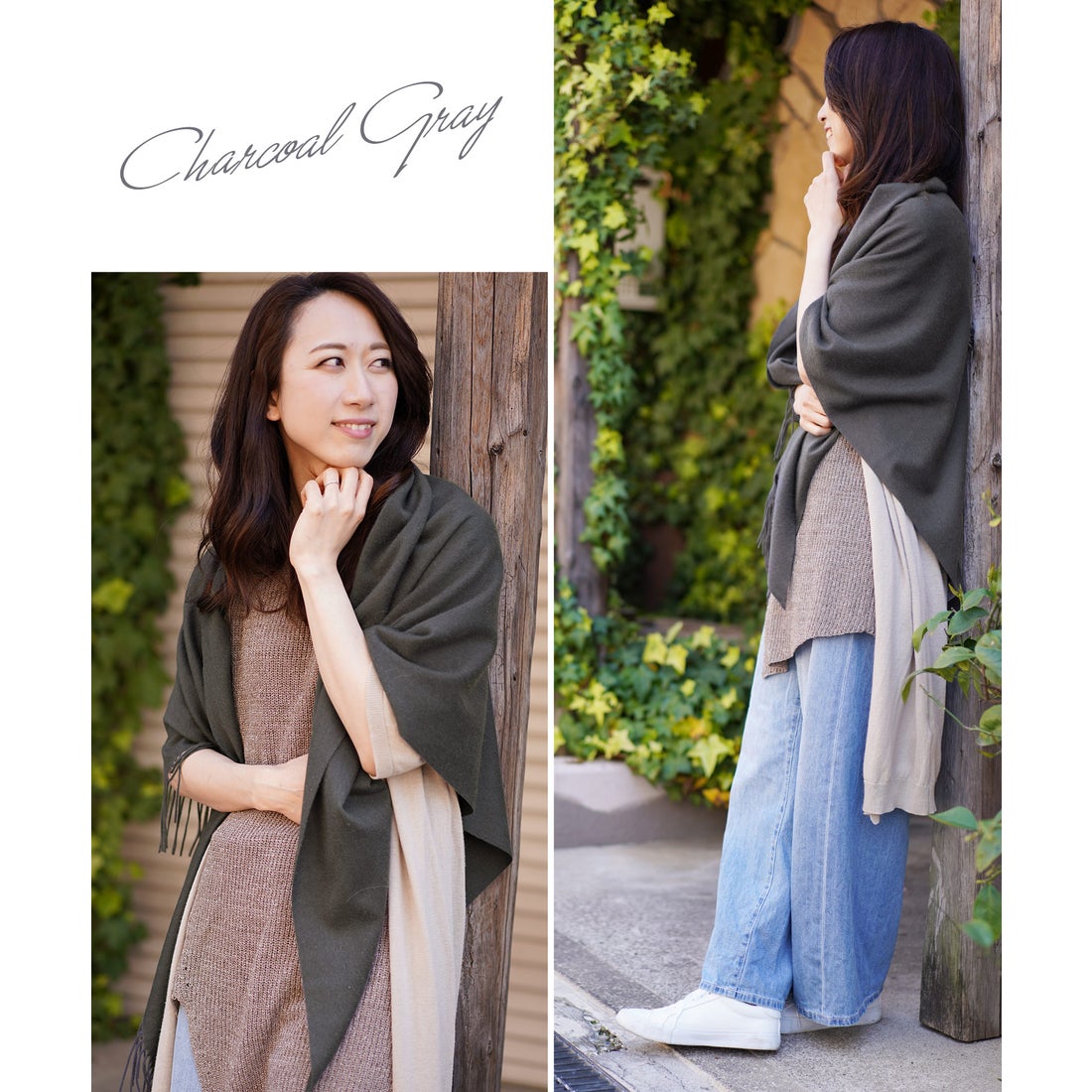 サンキョウショウカイ 三京商会 カシミヤ100%三角ストールフリンジ付き