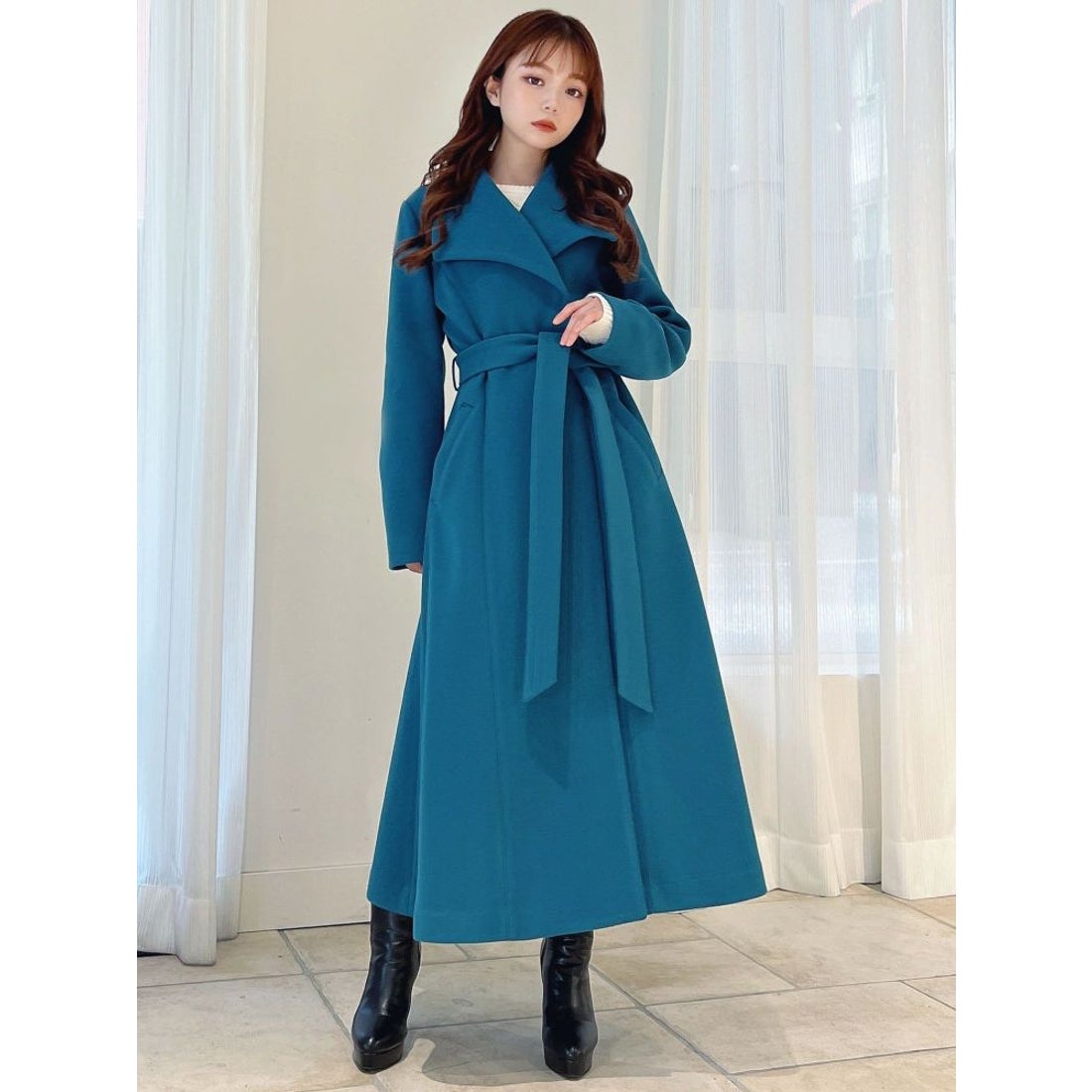 RESEXXY ウィングカラーロングコート（ブルー） -ファッション通販