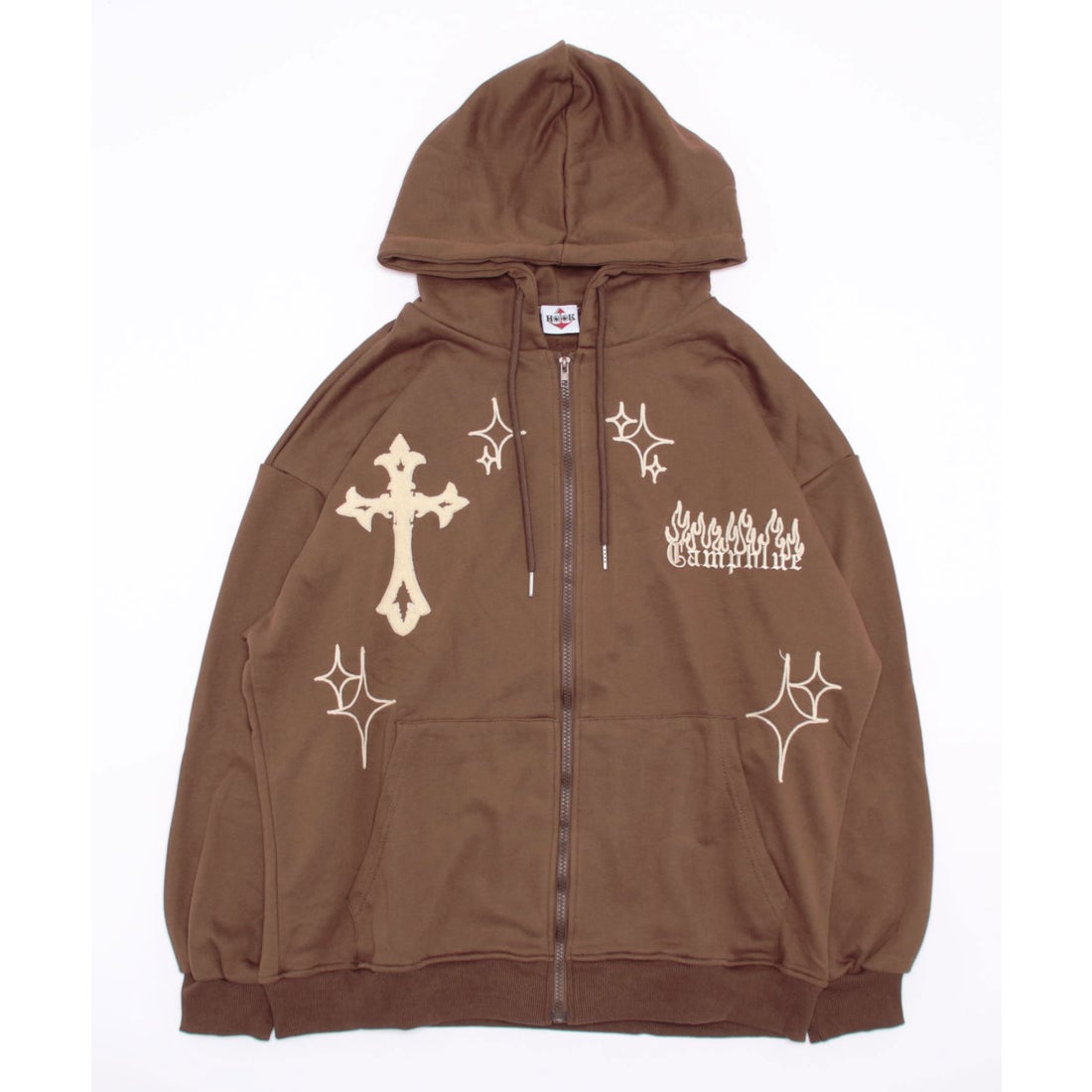 フック HOOK 【HOOK】クロスと炎刺繍ジップパーカー （ブラック