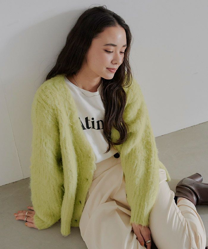 モヘアライクVネックシャギーニットカーディガン | titivate