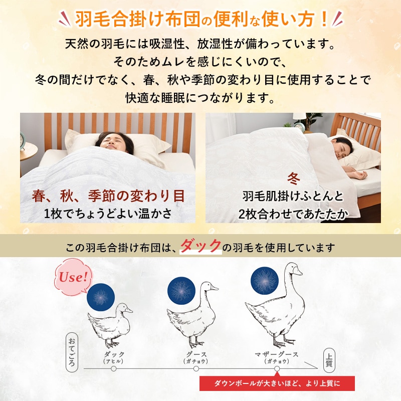 羽毛合掛けふとん[ダック] （シングル）150x210cm ピンク ふとんがわ