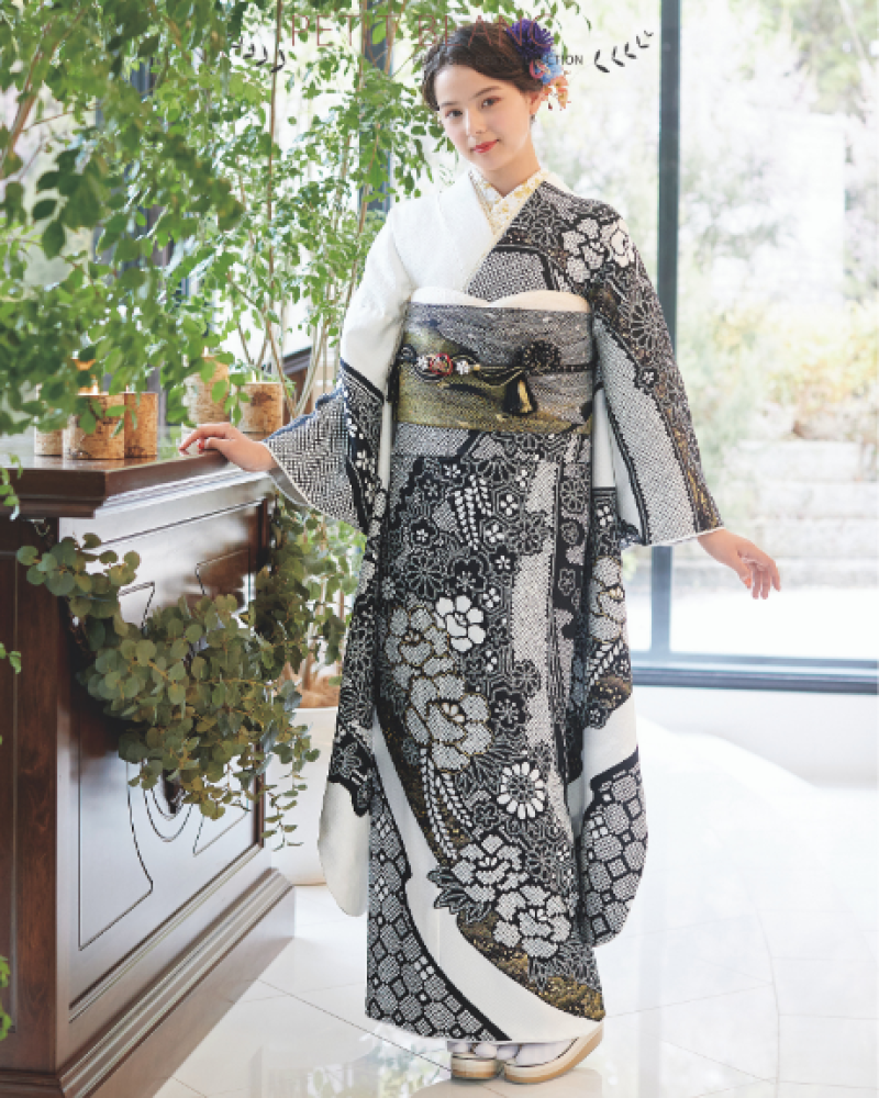 プチブラン 古典振袖（絞り柄／白黒モノトーン）22022 | おりえん 振袖