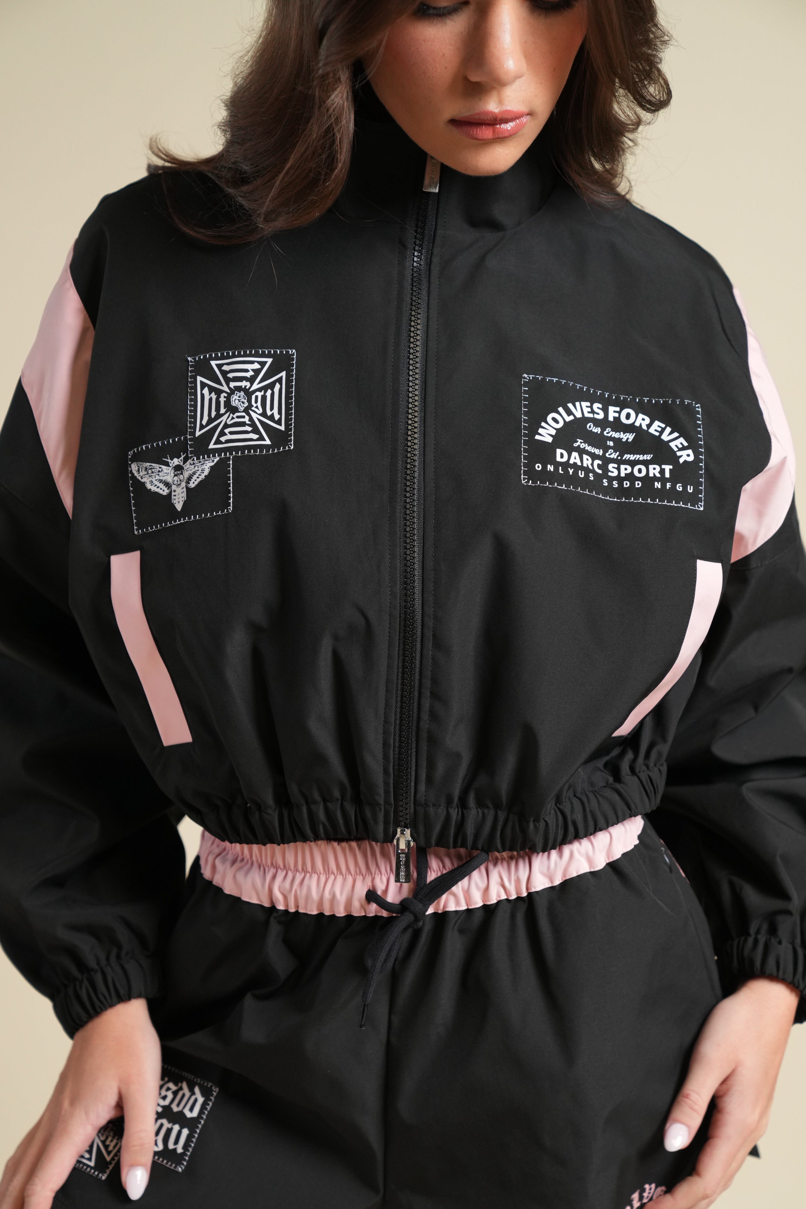Chopper Core Applique Nadia Track Jacket in Black/Cherry Blossom