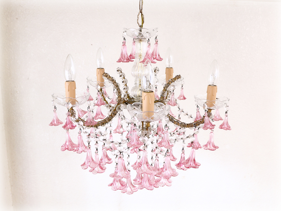 イタリアンムラーノガラス ピンククリスタルシャンデリア(5灯