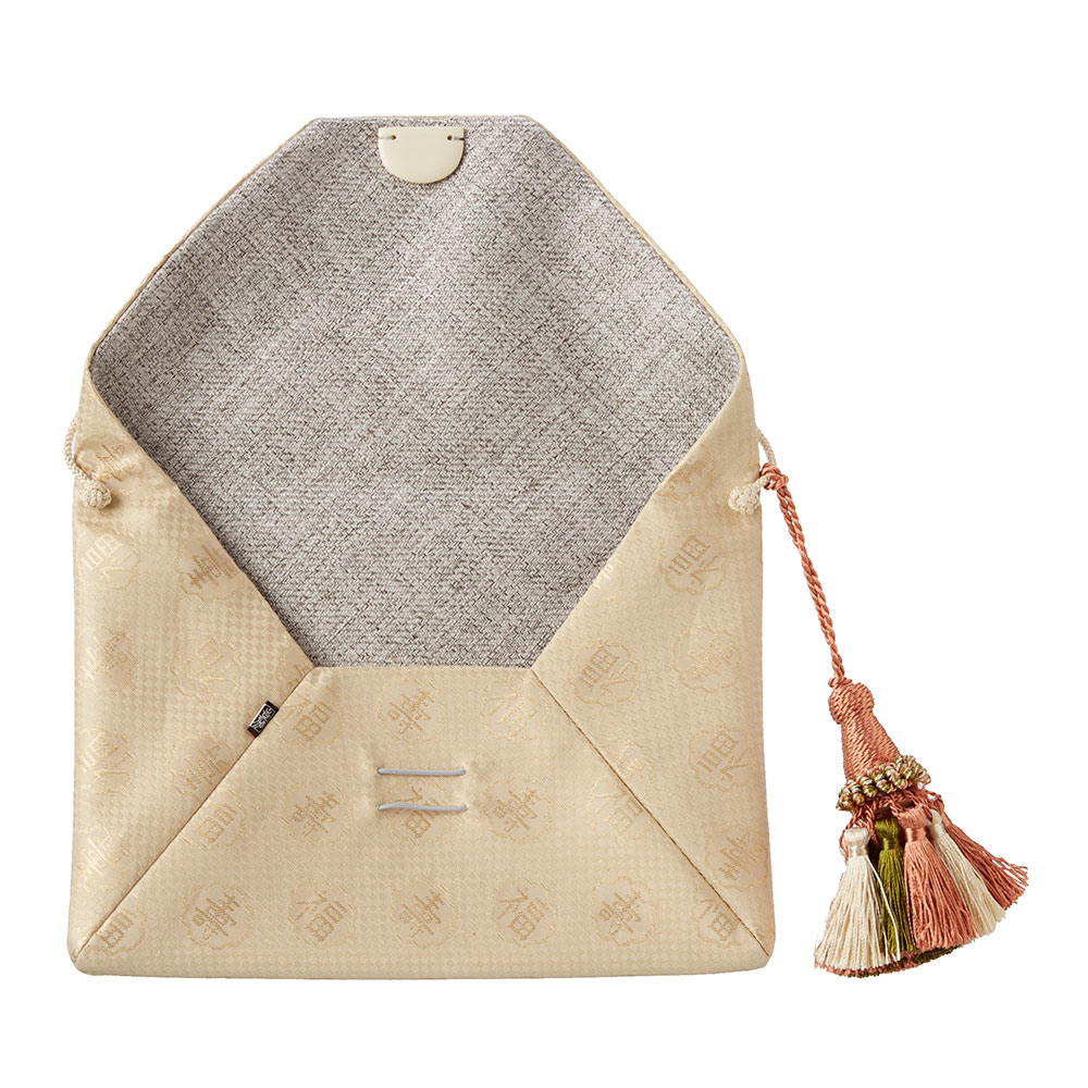 礼装クラッチバッグ 福寿柄 タッセル付き(ベージュ): ファッション