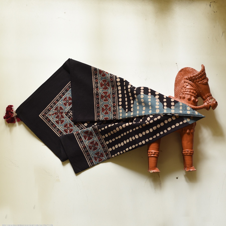 Hand Block Printed - Square Ajrakh Cotton Black Scarf| Indian