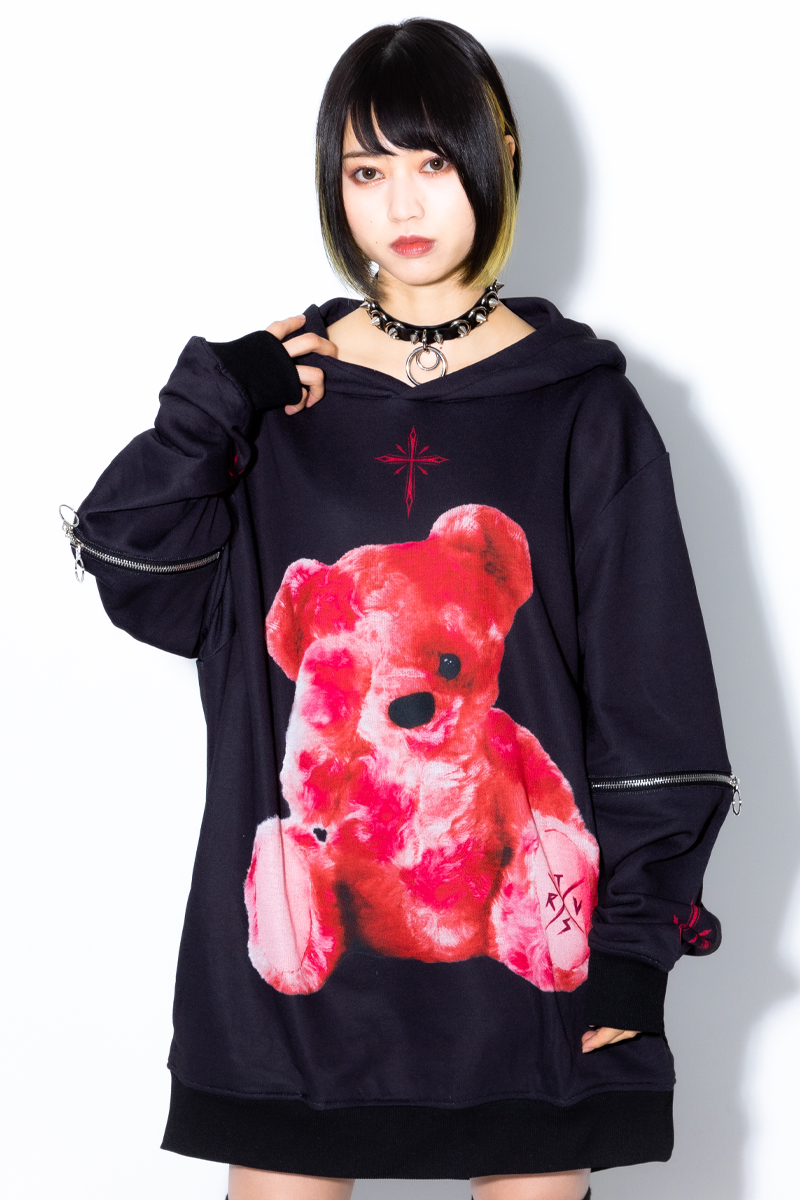 TRAVAS TOKYO Furry bear arm zip hoodie Black/Red / ロック