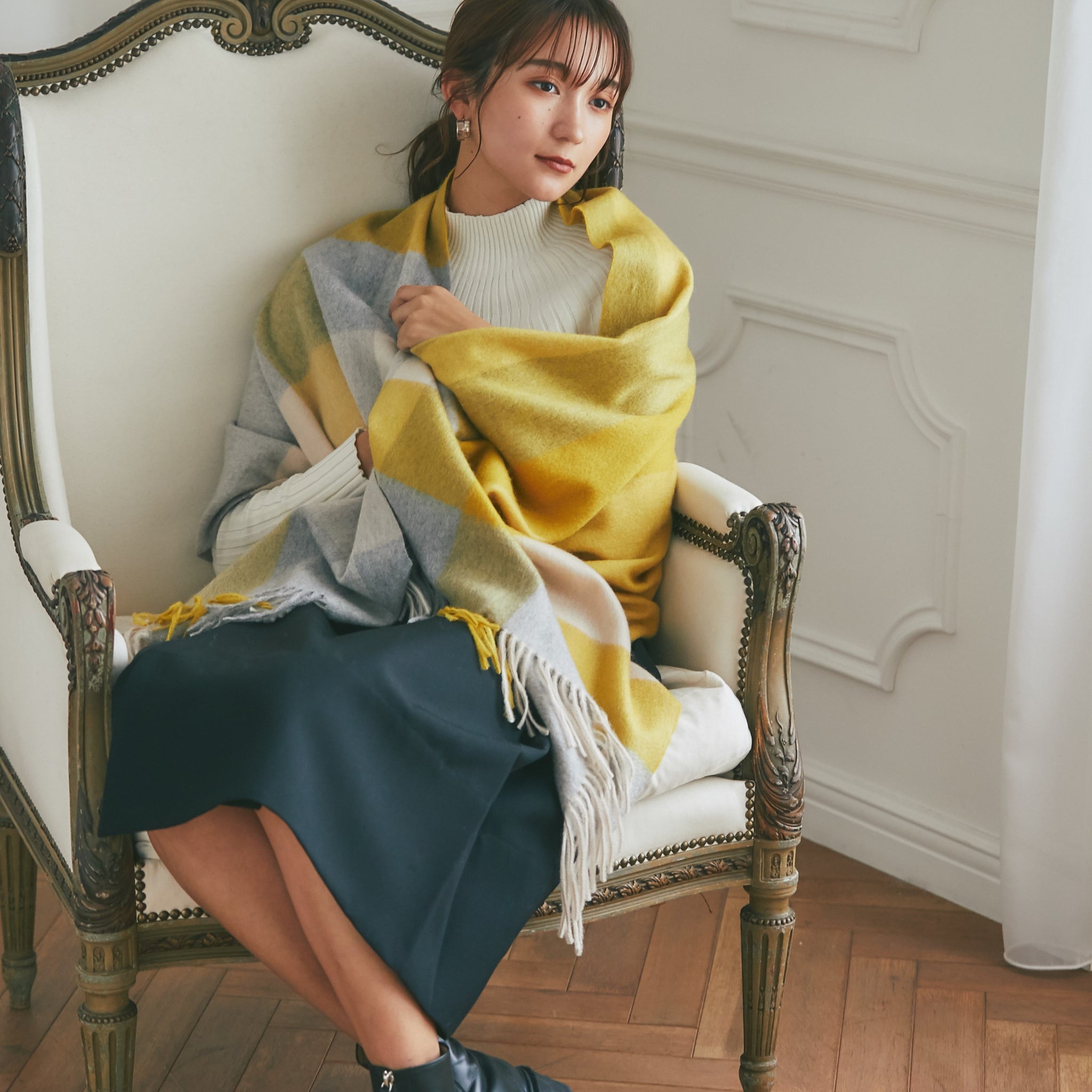 カシミヤ大判ストール チェック柄 ブロックイエロー– INTERMODE KAWABE