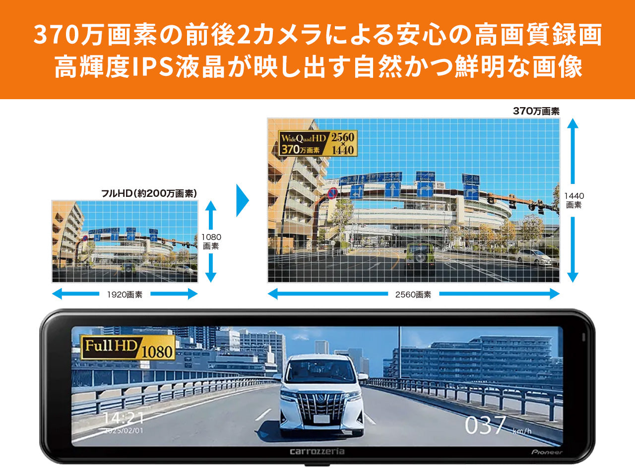 前後2カメラ 370万画素高画質 デジタルミラー型ドライブレコーダー