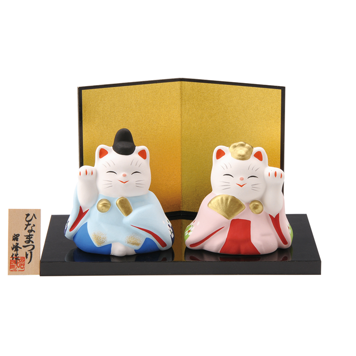 楽天市場】昭峰作 白磁器製 雛人形 手提げ盆のり招き猫内裏雛飾り 猫の