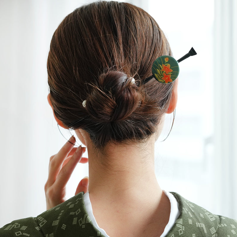 髪飾り 蒔絵かんざし 桔梗・緑】平打ちかんざし 簪 ヘアアクセサリー