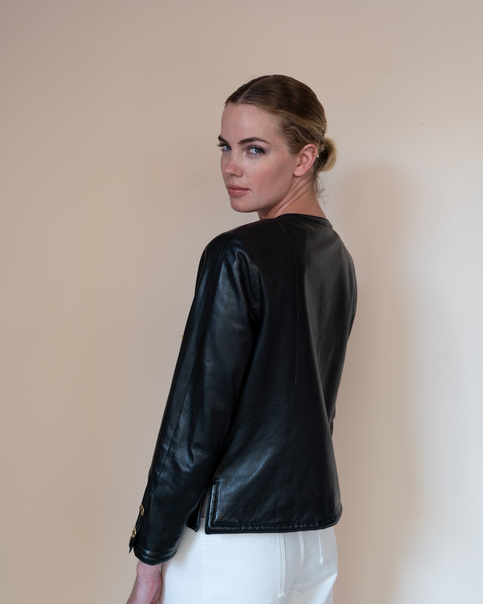 FR38-42 Rare Chanel Spring 1985 Four Pocketed Collarless Leather Jacke