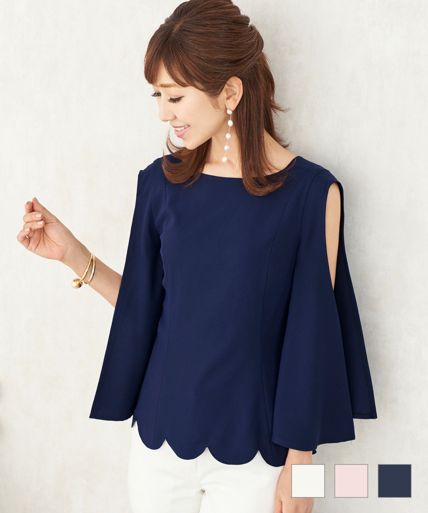 ブラウス スカラップヘム ハンギングスリーブ Prima Scherrer 全3色