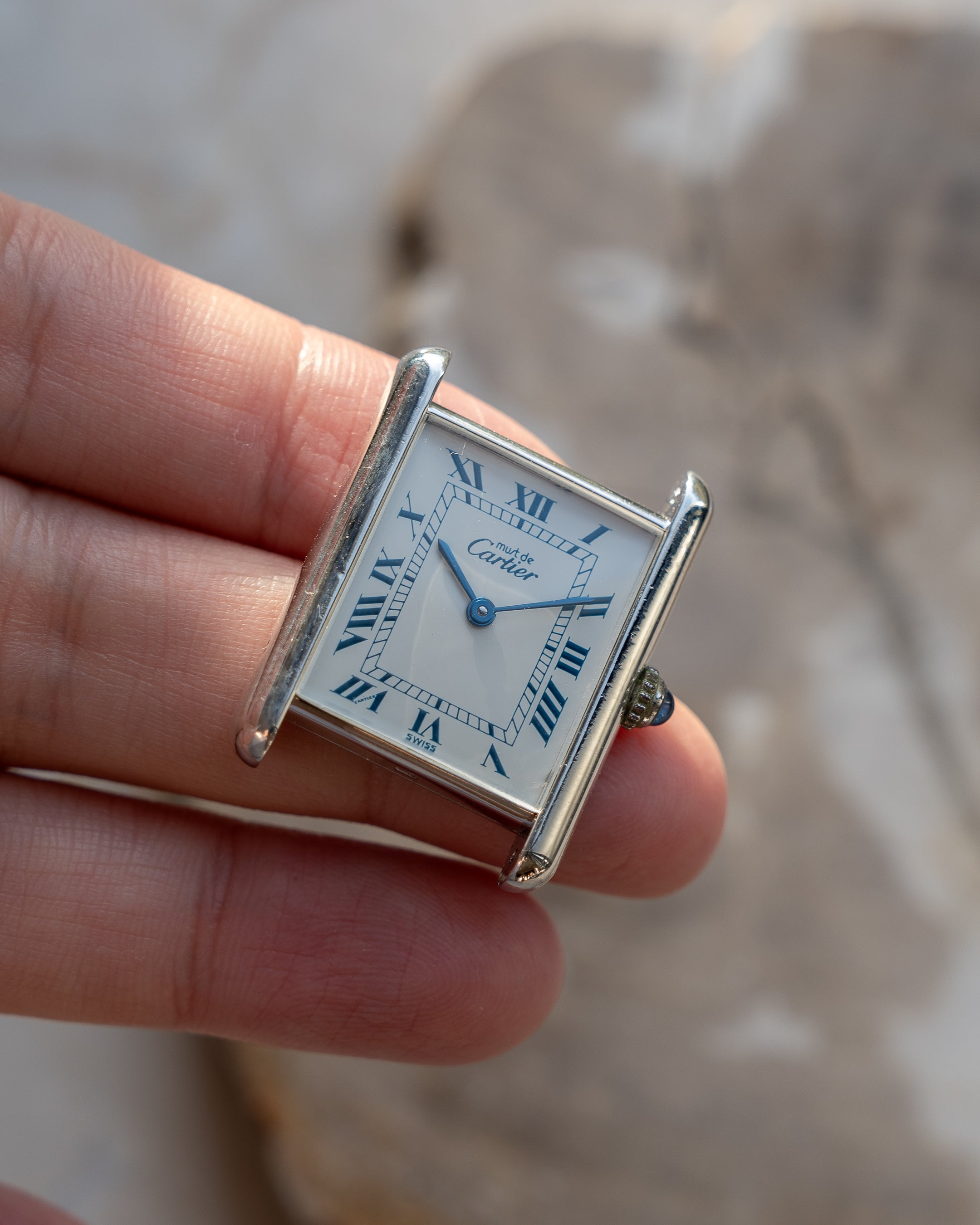 Cartier Must Tank Blue Roman numeral white dial, silver case - LM