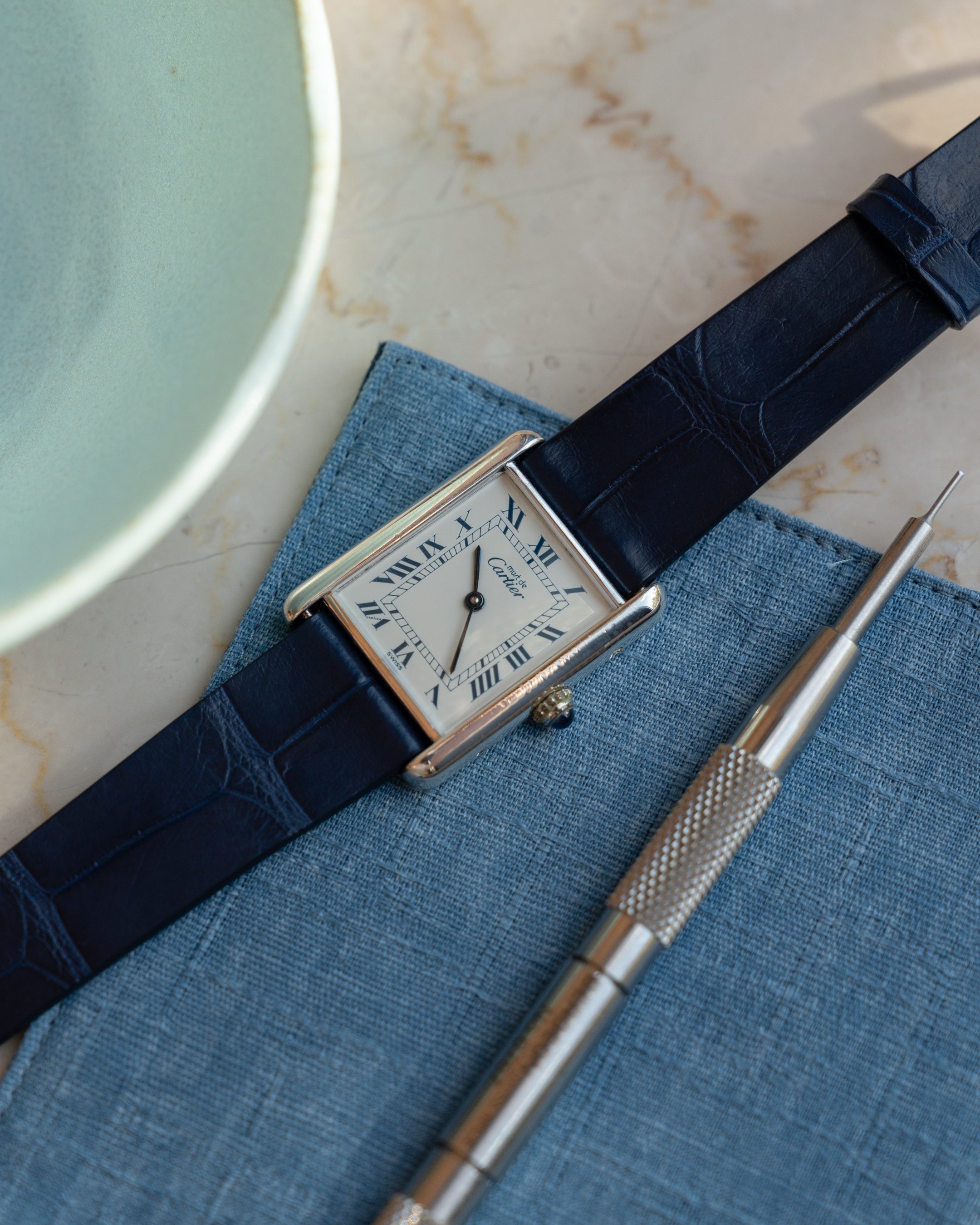 Cartier Must Tank Blue Roman numeral white dial, silver case - LM