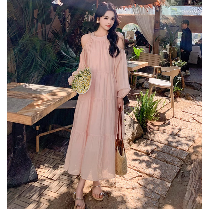 オープンショルダーティアードワンピース(5colors)（ピンク・白・青