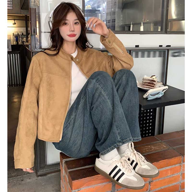 レトロスエードジャケット（ベージュ）春/秋 洗練されたシンプルさ