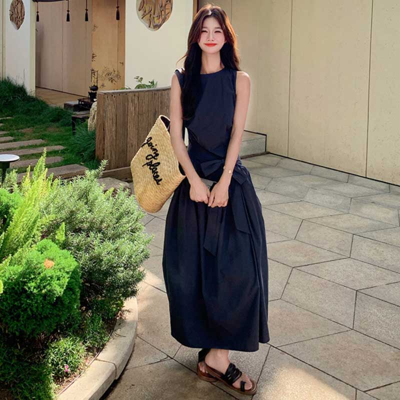 ボリュームリボンウエストマークワンピース(2colors)（紺・白）春/夏