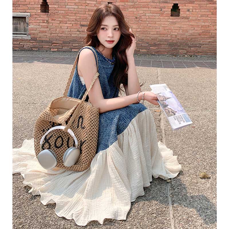 異素材切り替えロングワンピース（青）春/夏 異素材の組み合わせがおしゃれ